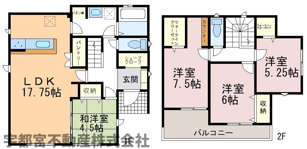  �y�Ԏ��}�z4�����@�L�X�Ƃ���17.75����LDK�ɁA�p���g���[��WIC�Ȃǂ̖L�x�Ȏ��[�����́B1�K�ɘa�m��������A2�K�ɂ͕֗��ȃJ�E���^�[�������B�Ǝ������Ǝ��p���ɗD�ꂽ�Ԏ��ł��B